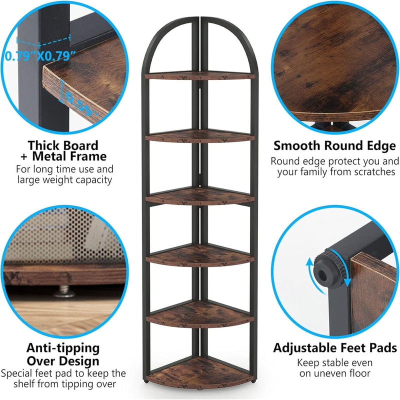 Tall 6 Tier Corner Shelf, Freestanding Bookshelf For Living Room - Rustic Brown by HouseOfZazla