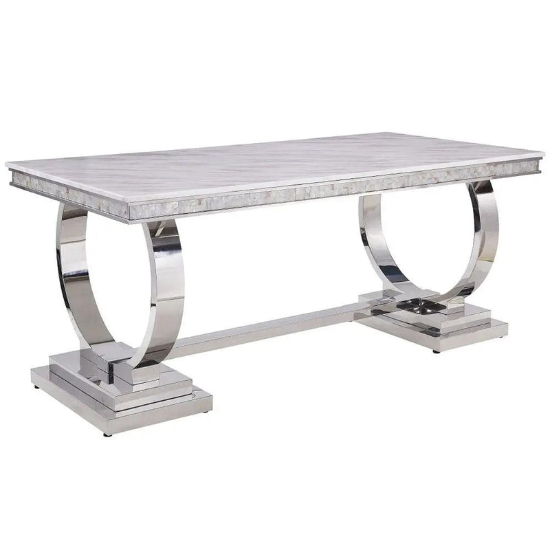 Zander - Dining Table - White Printed Faux Marble Top & Mirrored Silver by Unique Piece Furniture