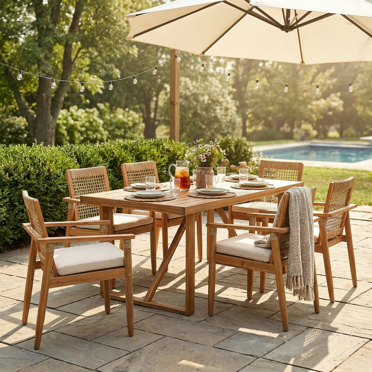 7 Piece Acacia Wood Outdoor Dining Set with Cushions by HouseOfZazla