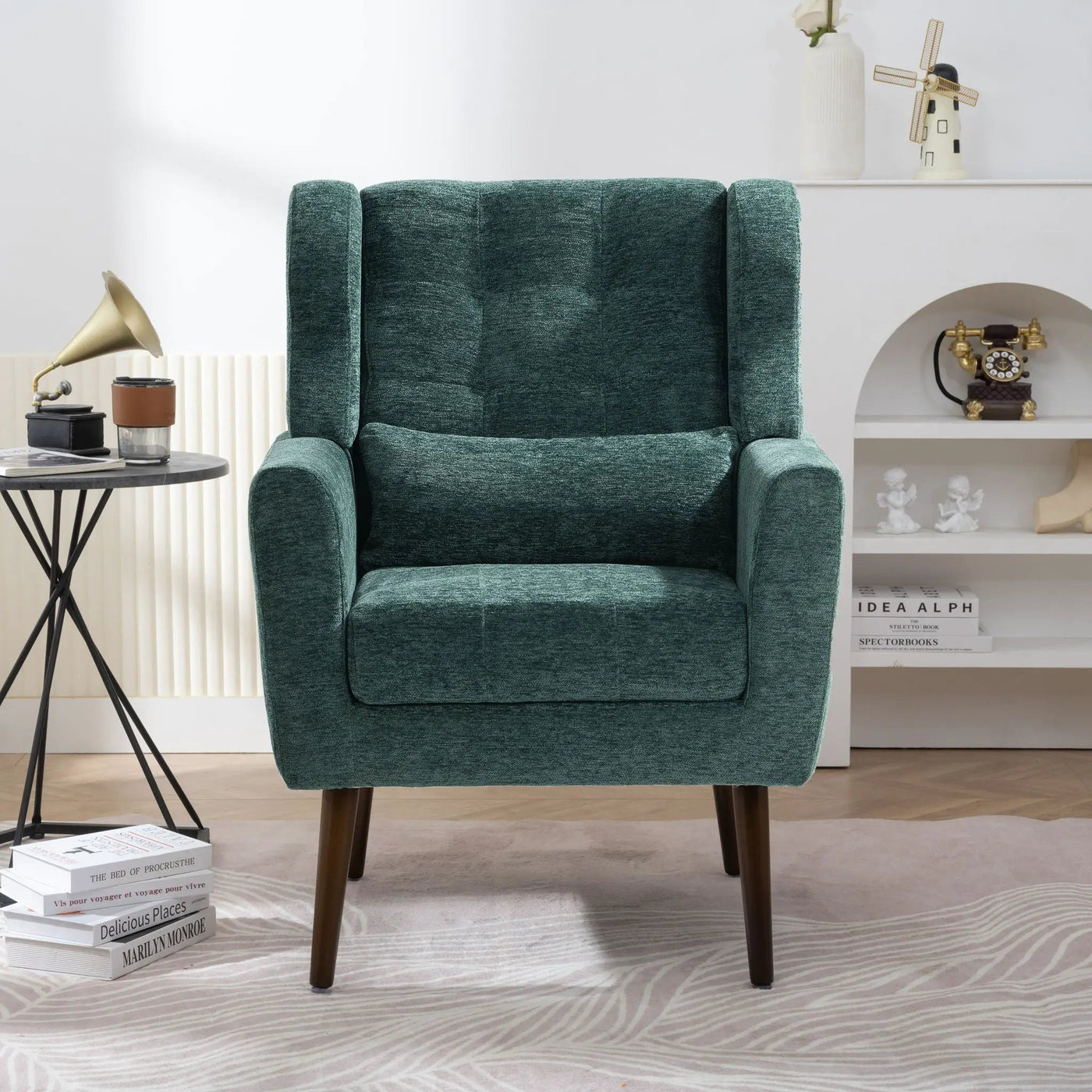 Modern Accent Chair, Arm Chairs For Living Room, Upholstered Mordern Armchair, Comfy Soft Padded Lounge Chair In Small Space, Bedroom, With Pillow, Solid Wood Leg by HouseOfZazla