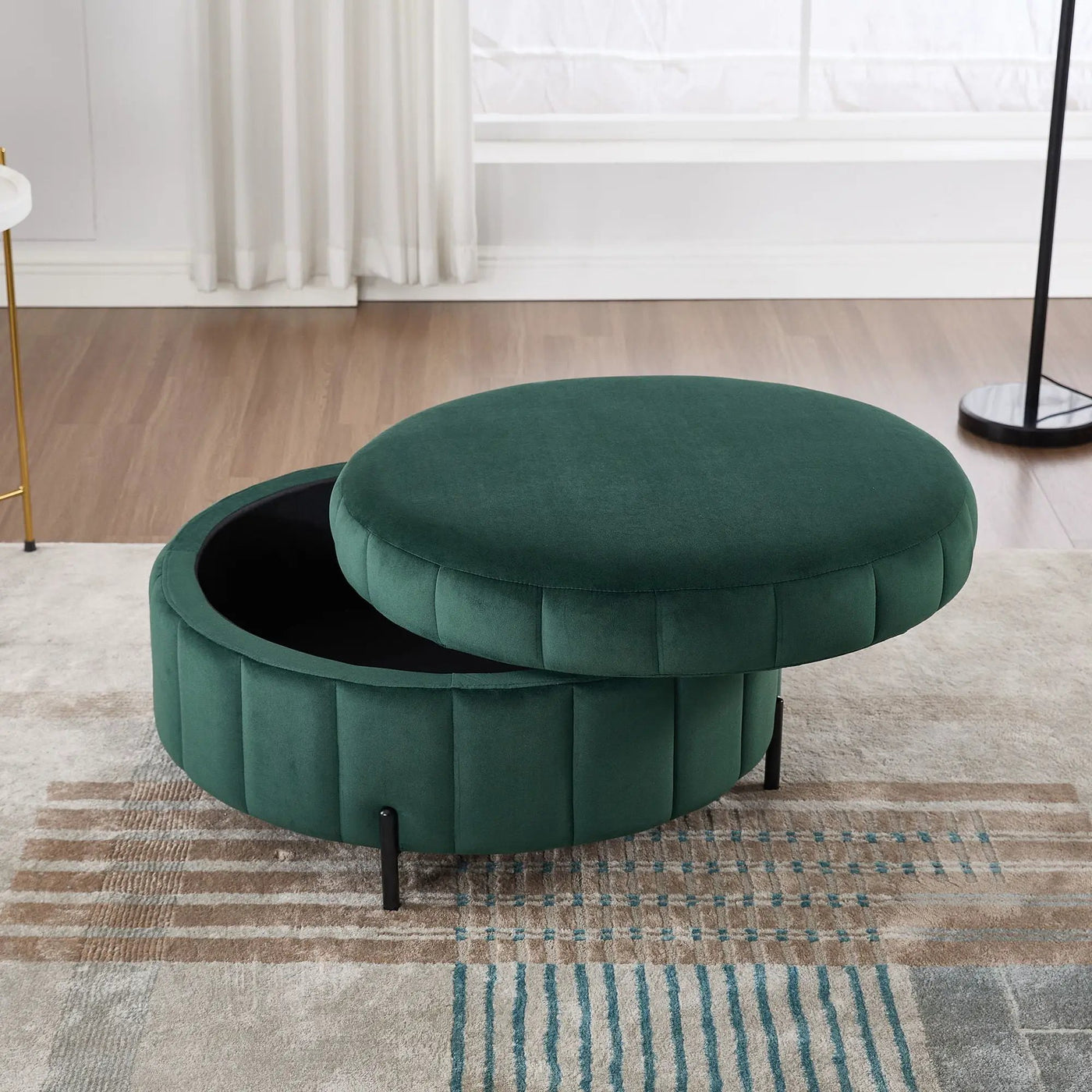 Upholstered Round Ottoman With Reversible Lid, Channel Tufted Pumpkin Shape by Unique Piece Furniture