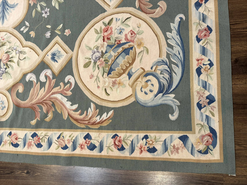 Aubusson Rug 9x12, Muted Sage Green and Cream, European Design by Jewel Rugs