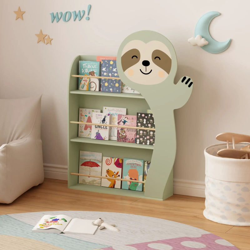 Sloth Bookshelf, Front Facing Toddler Book Display Rack With 3 Tiers, Cute Animal Design - Sage Green by Unique Piece Furniture