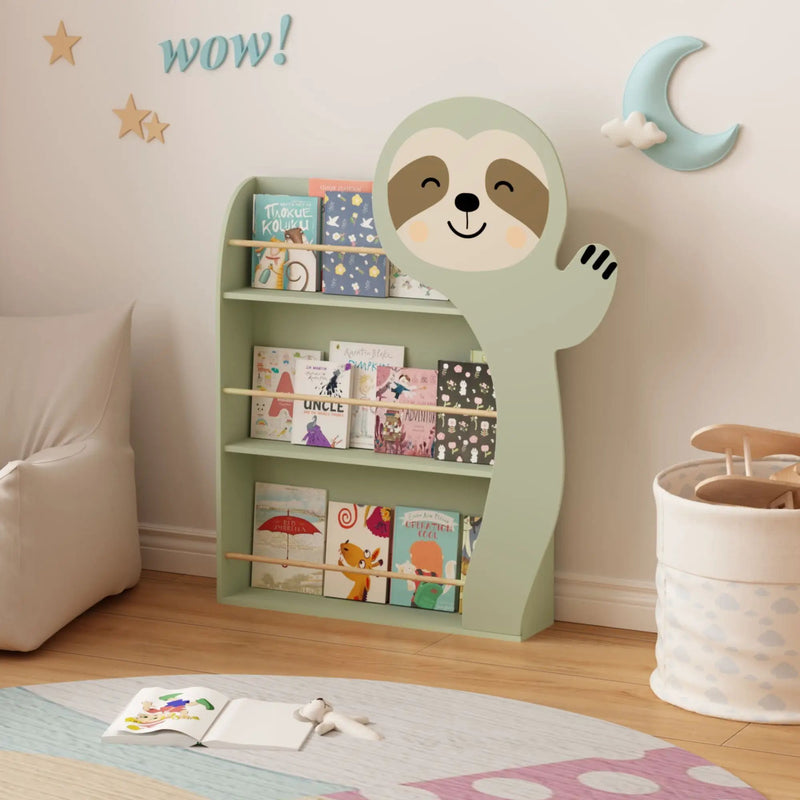 Sloth Bookshelf, Front Facing Toddler Book Display Rack With 3 Tiers, Cute Animal Design - Sage Green by HouseOfZazla
