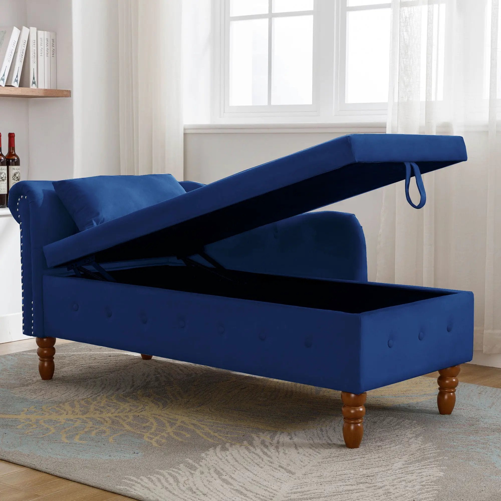 Chaise Lounge Indoor, Lounge Chair For Bedroom With Storage & Pillow, Modern Upholstered Rolled Arm Chase Lounge For Sleeping With Nailhead Trim For Living Room Bedroom Office by HouseOfZazla