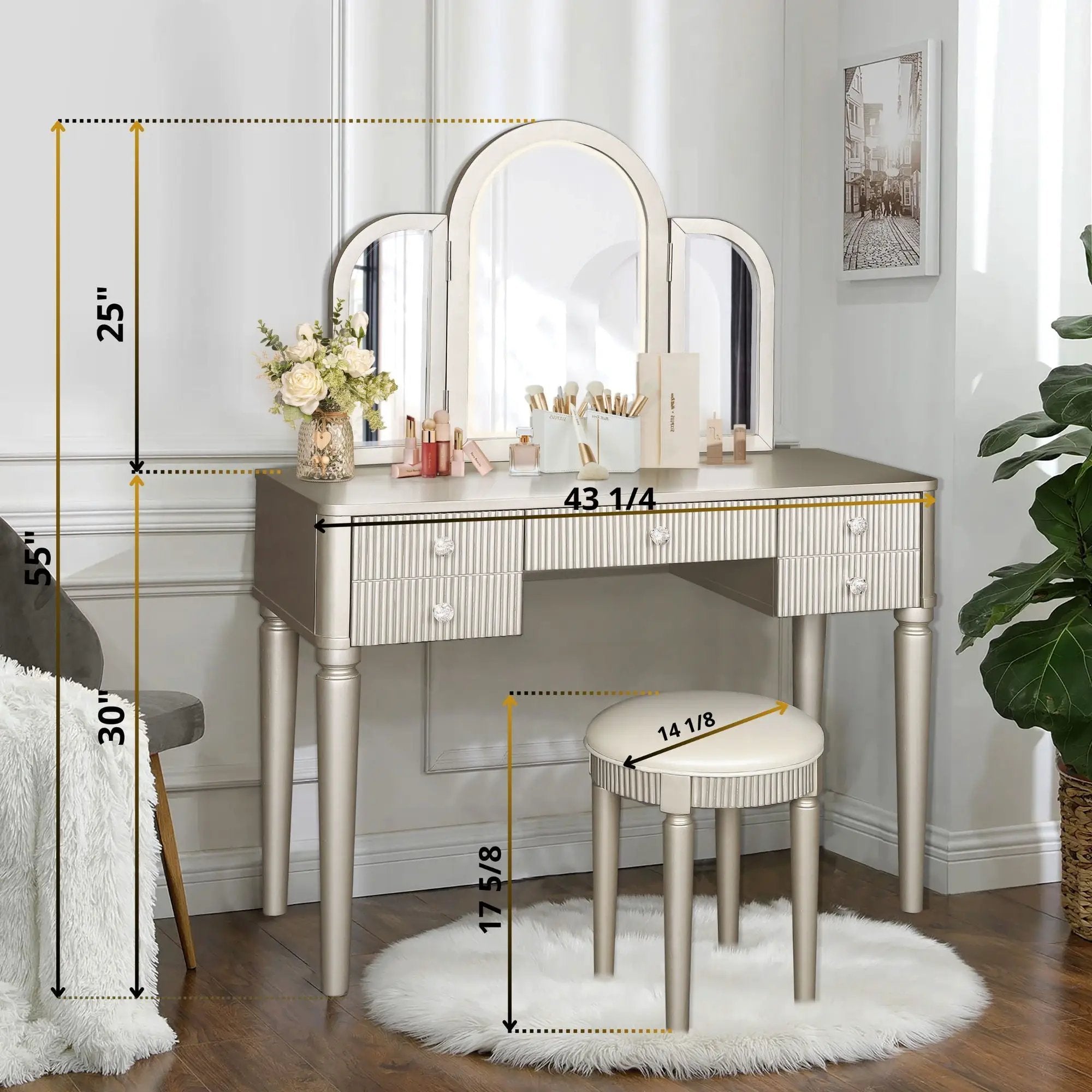 Mirrored Makeup Vanity Table Set With Adjustable Lighting And Storage by HouseOfZazla