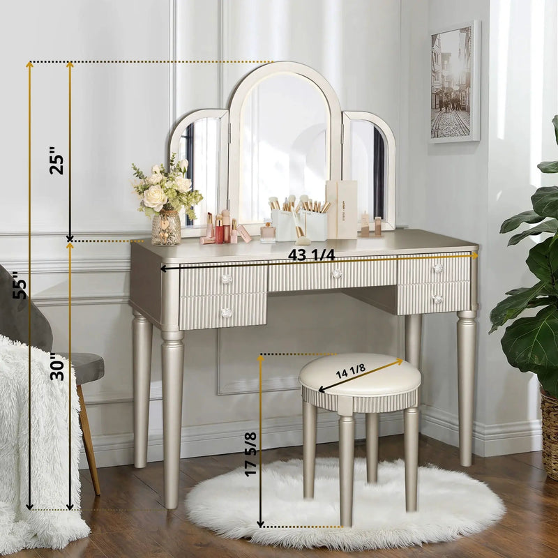 Mirrored Makeup Vanity Table Set With Adjustable Lighting And Storage by HouseOfZazla