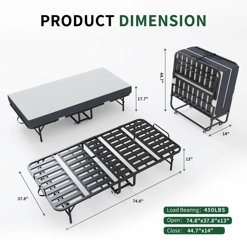 Twin Extra Long Folding Bed For Tall People, Heavy-Duty Rollaway Guest With Memory Foam Mattress - Black by Unique Piece Furniture