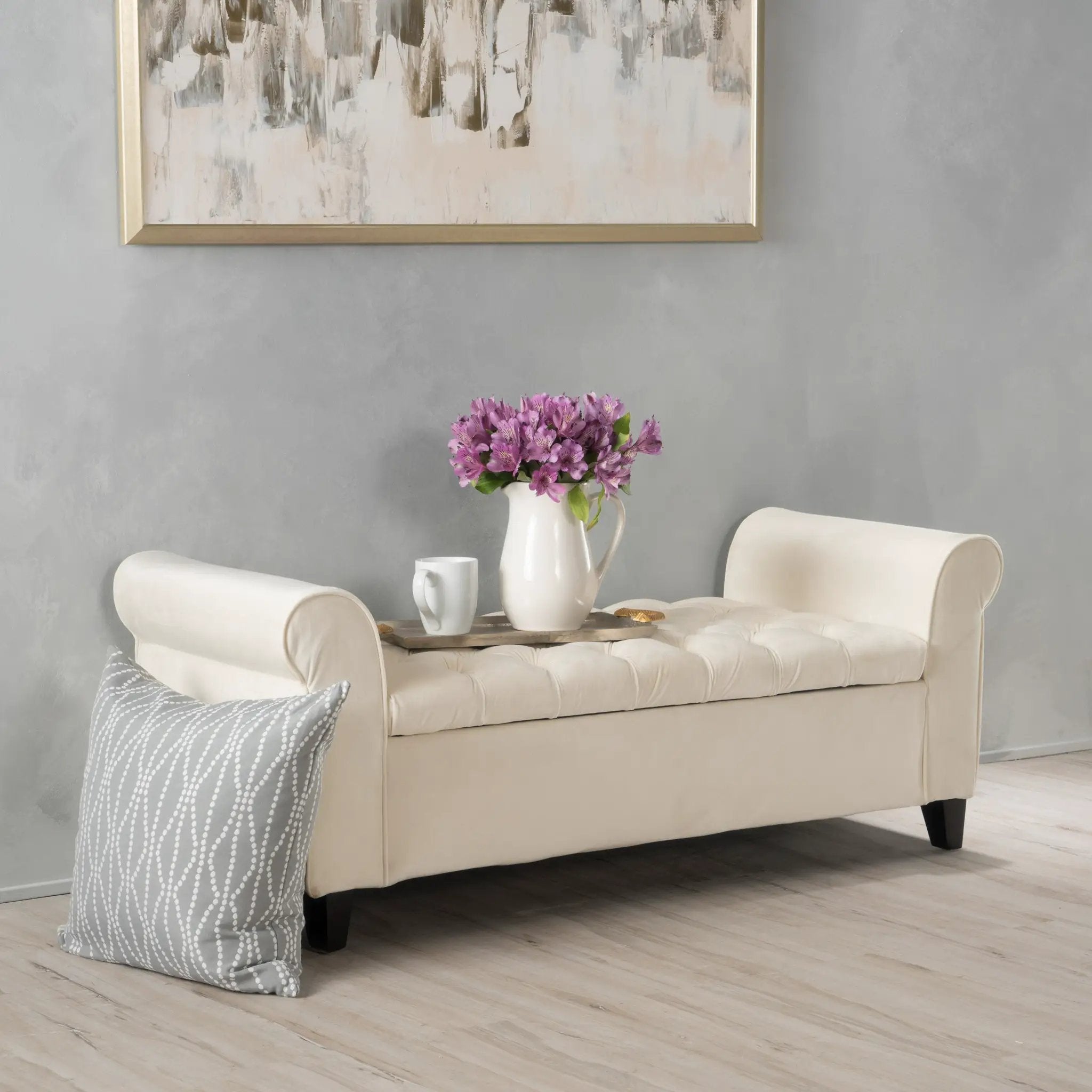 Ivory Fabric Storage Bench with Rolled Arms by HouseOfZazla