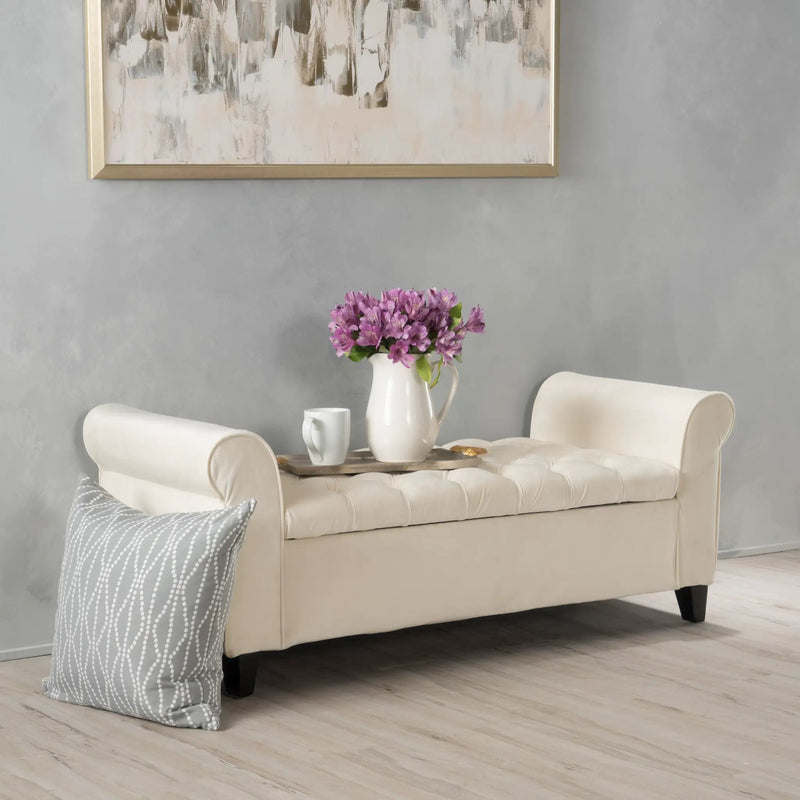 Ivory Fabric Storage Bench with Rolled Arms by HouseOfZazla