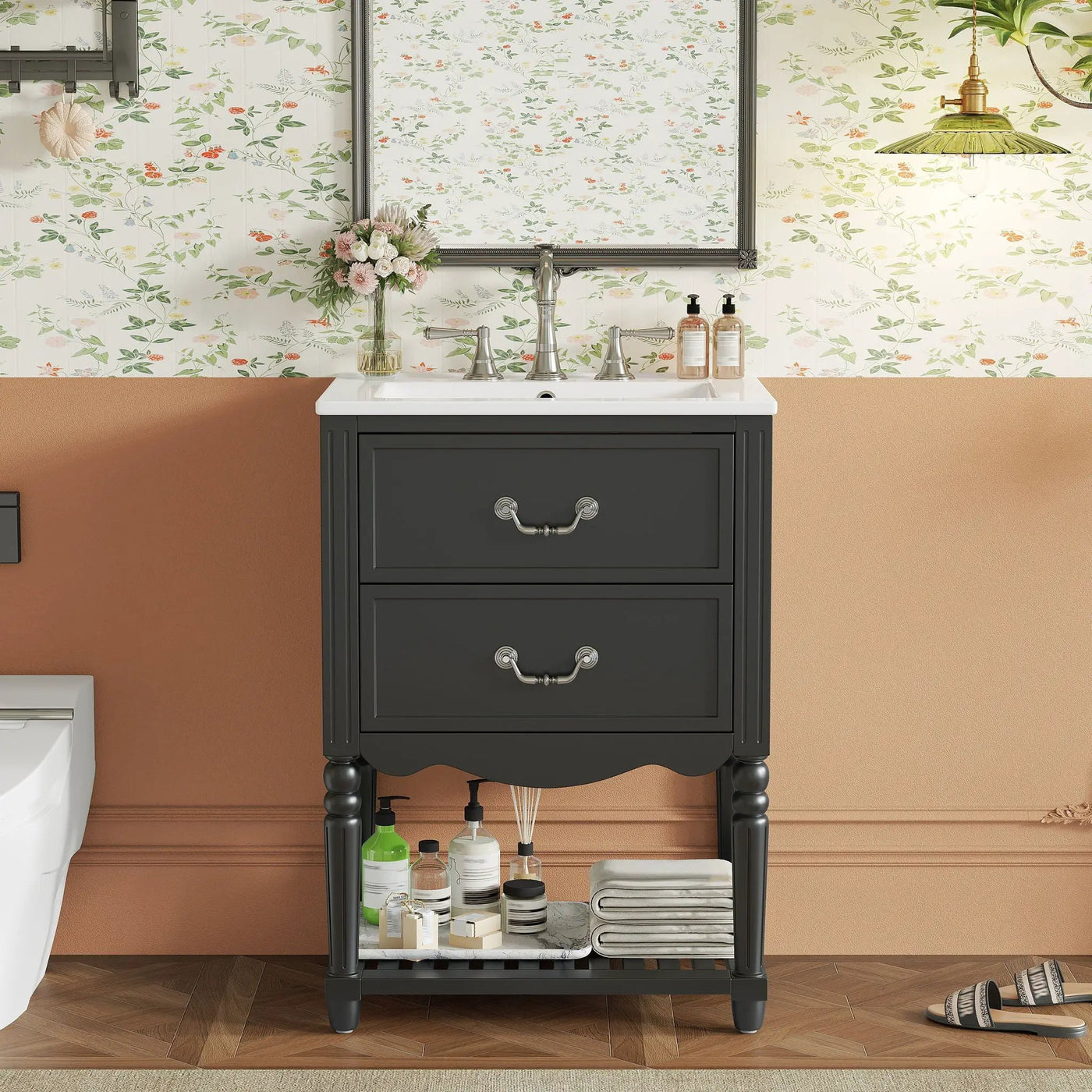 Wave Design Bathroom Vanity With Sink, 2 Drawers And Open Shelf by Unique Piece Furniture