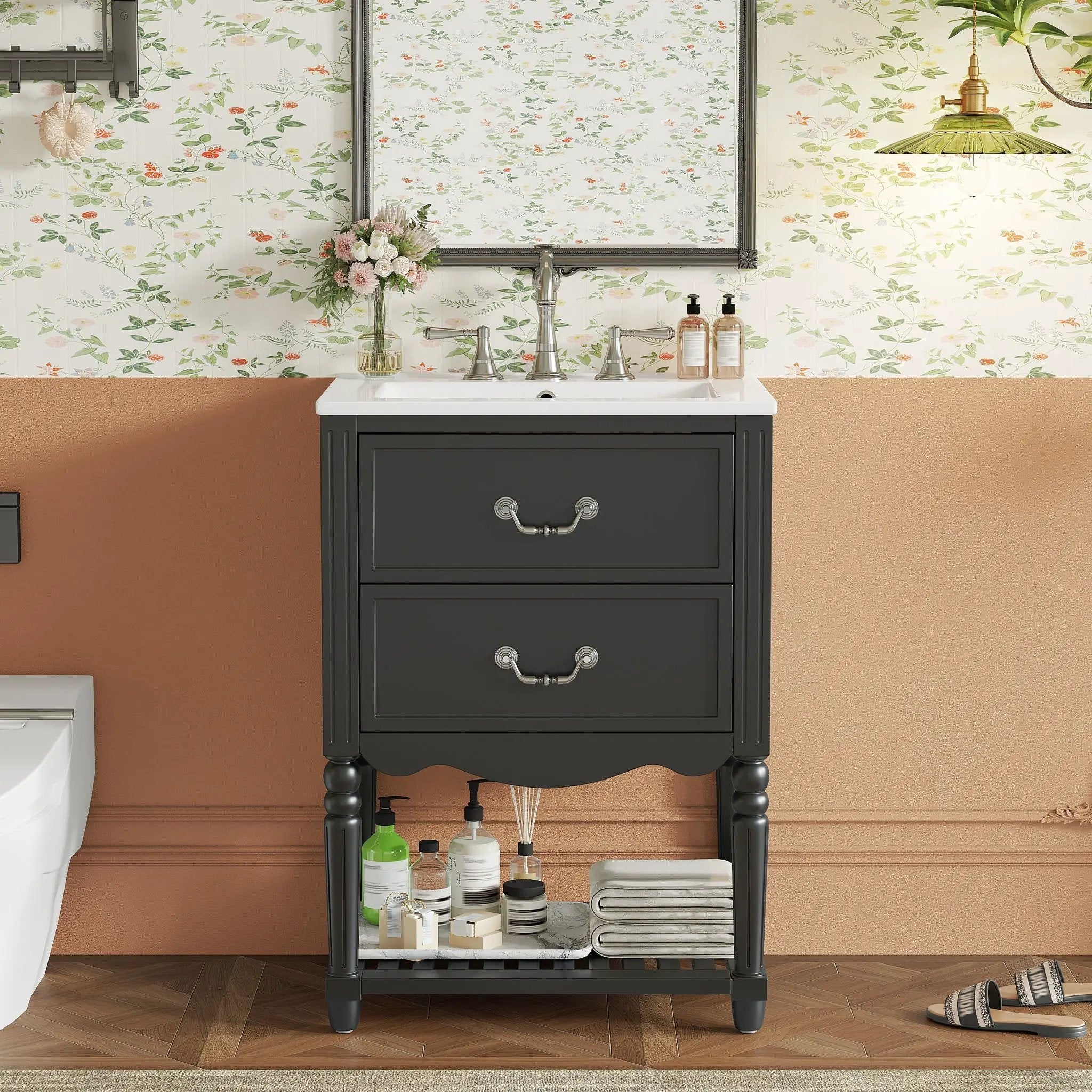 Wave Design Bathroom Vanity With Sink, 2 Drawers And Open Shelf by Unique Piece Furniture