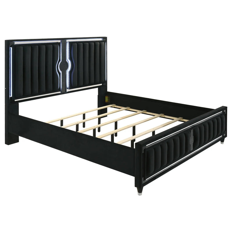 Ravenne Velvet Upholstered Eastern King LED Panel Bed Black by Unique Piece Furniture