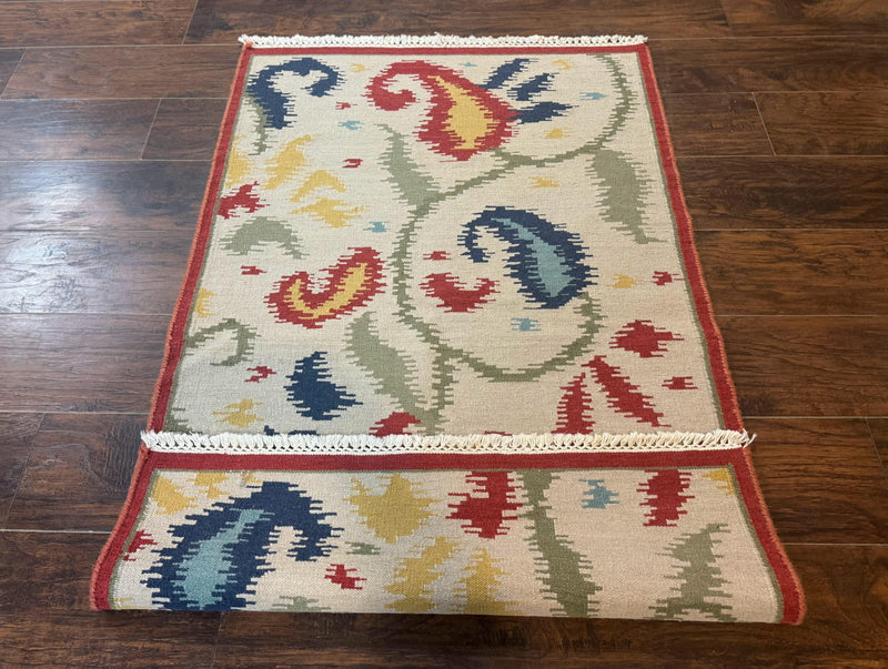 Indian Kilim Flatweave Rug 3x5, Abstract, Beige and Multicolor Flowers, Handmade by Jewel Rugs