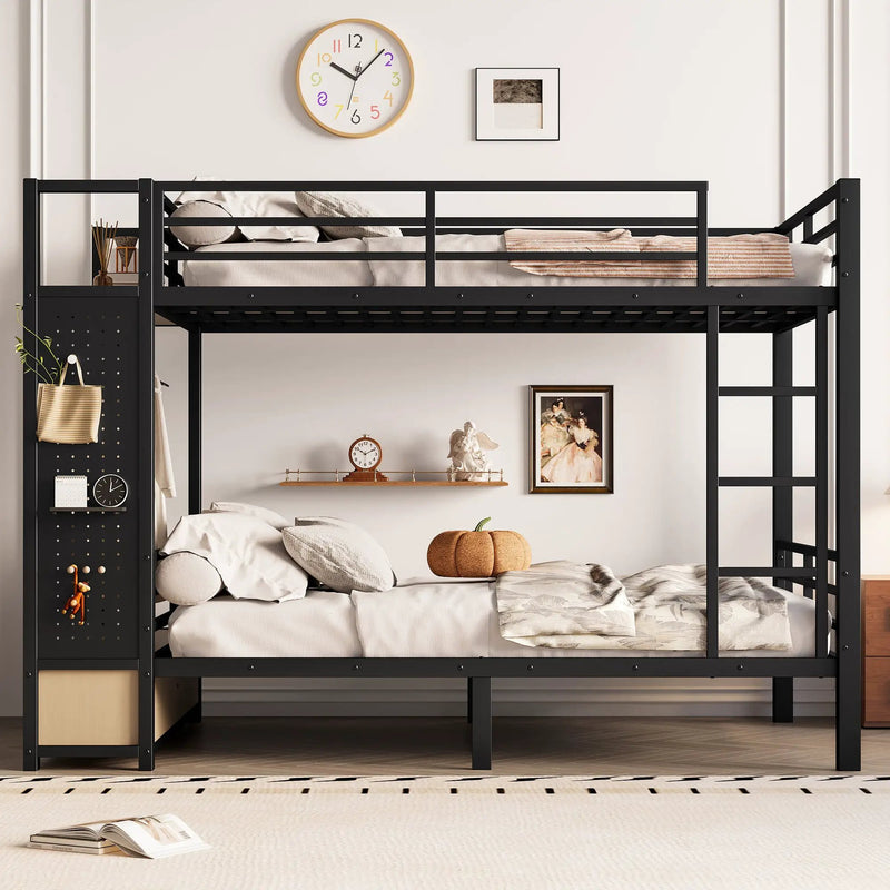 Full Over Full Size Metal Bunk Bed for Teens with Storage Shelves, Drawers and Pegboard by HouseOfZazla