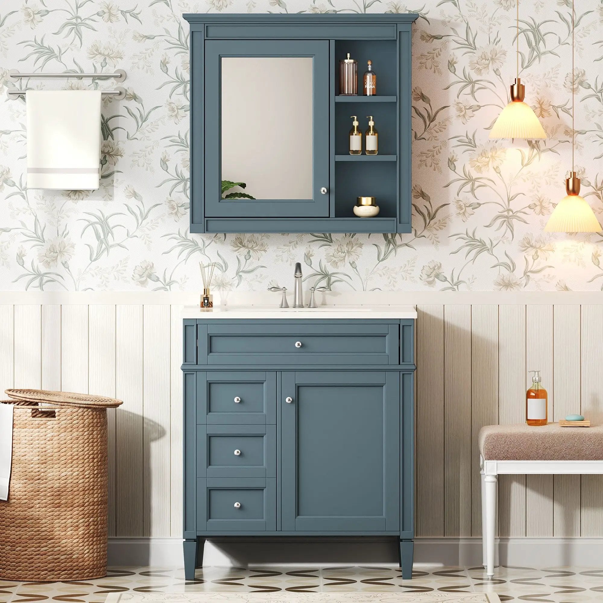 Bathroom Vanity With Medicine Cabinet, Royal Mirror Cabinet, Modern Bathroom Storage Cabinet With 2 Soft Closing Doors And 4 Drawers by HouseOfZazla