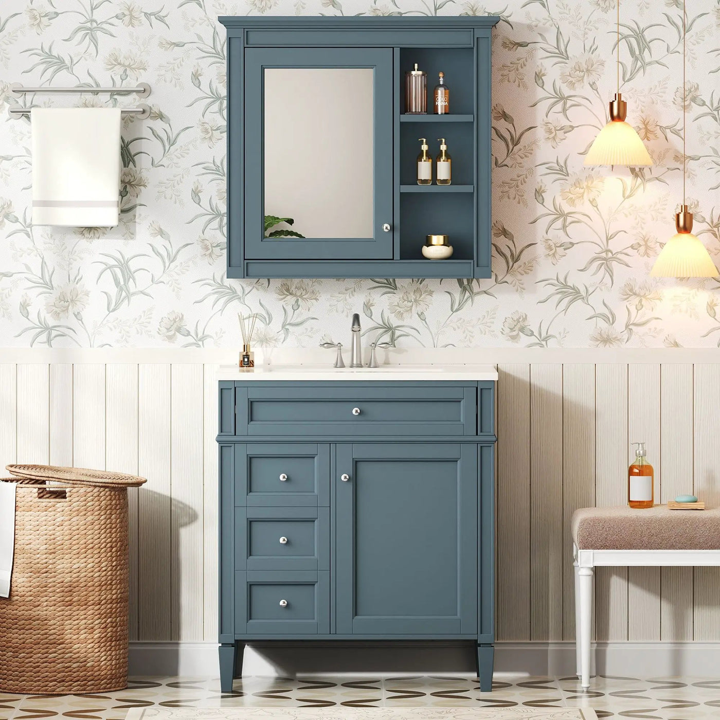 Bathroom Vanity With Medicine Cabinet, Royal Mirror Cabinet, Modern Bathroom Storage Cabinet With 2 Soft Closing Doors And 4 Drawers by Unique Piece Furniture