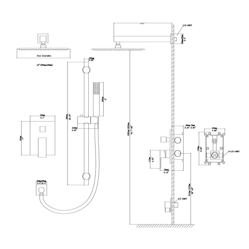 Wall Mounted Shower System With Adjustable Slide Bar And Rough In Valve, 12" Square Design - Brushed Nickel by HouseOfZazla