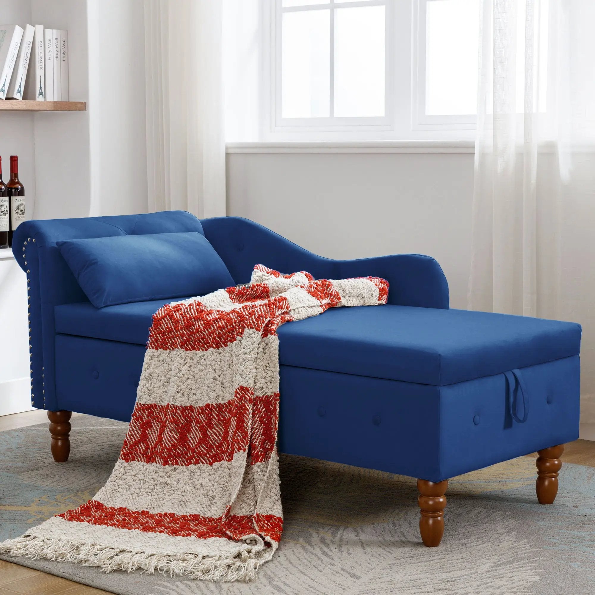 Chaise Lounge Indoor, Lounge Chair For Bedroom With Storage & Pillow, Modern Upholstered Rolled Arm Chase Lounge For Sleeping With Nailhead Trim For Living Room Bedroom Office by HouseOfZazla