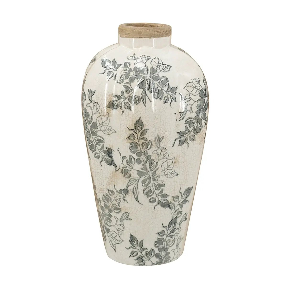 6.7x6.7x11.6' White Ceramic Accent Vase with Gray Floral Design by HouseOfZazla
