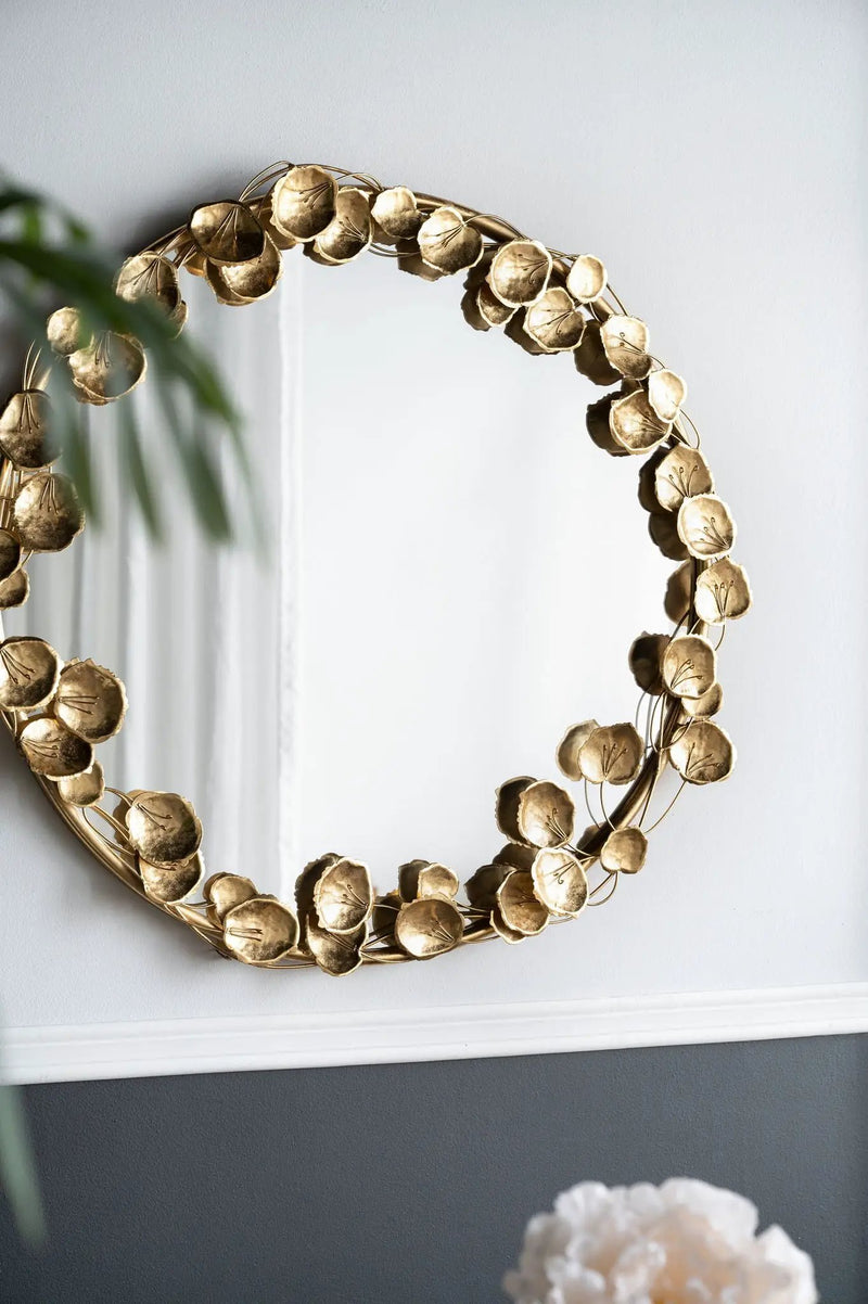 Round Metal Wall Mirror With en Leaf Accents, Modern Decor Mirror For Living Room Entryway Hallway - Gold by HouseOfZazla