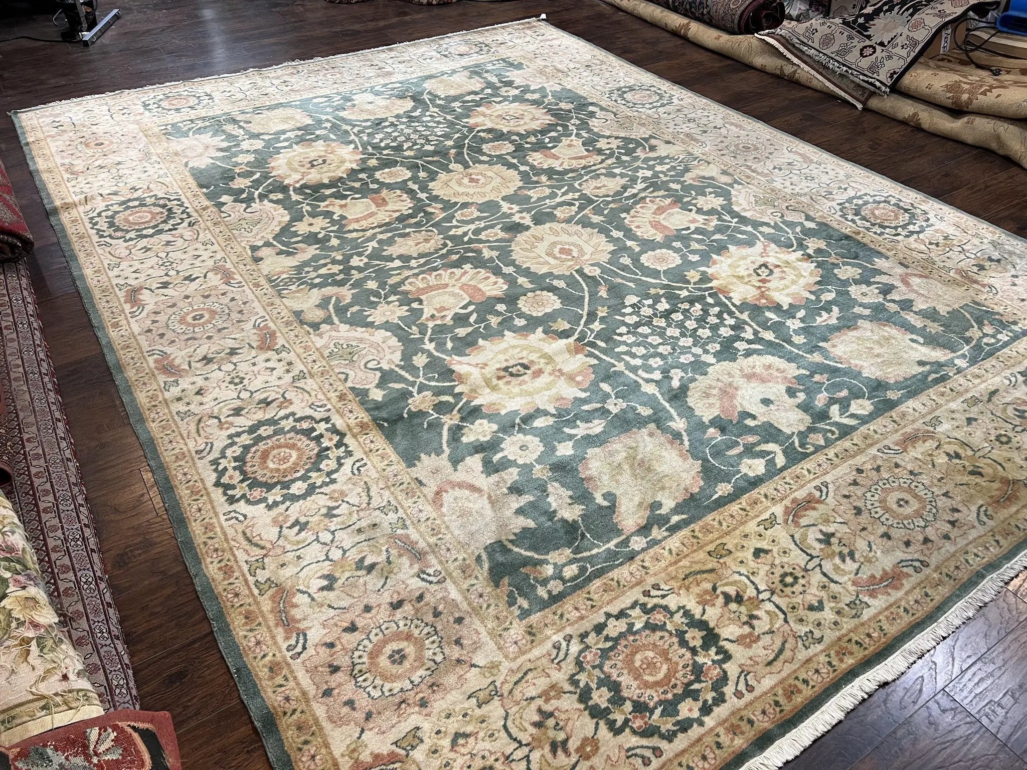 Egyptian Mahal Rug 10x14, Large Vintage Floral Hand Knotted Wool Carpet 10 x 14, Dark Green and Beige Traditional Handmade Persian Area Rug by Jewel Rugs