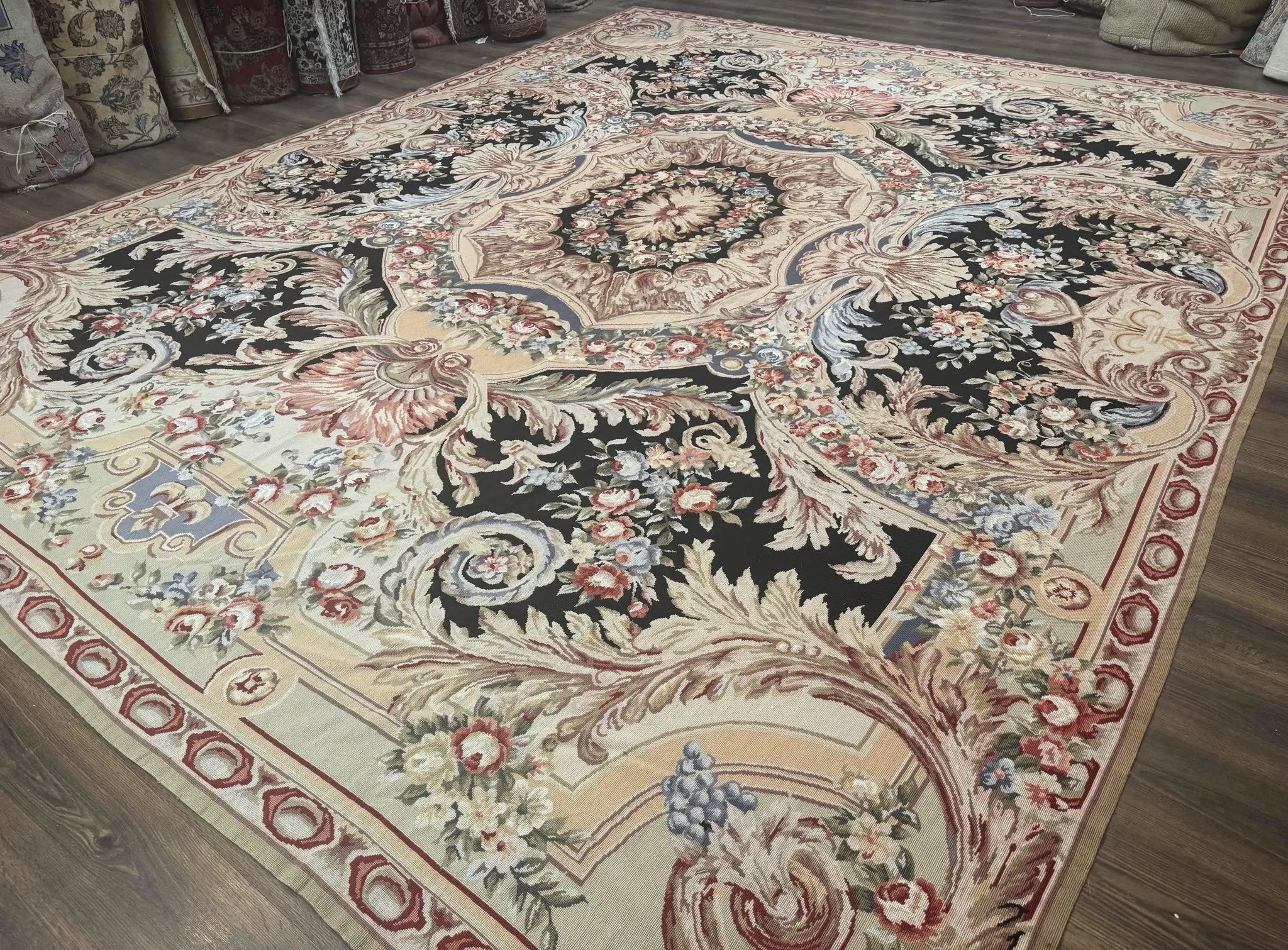 Wonderful Needlepoint Rug 10x14, Large Aubusson Carpet, Floral, Elegant, European Design by Jewel Rugs