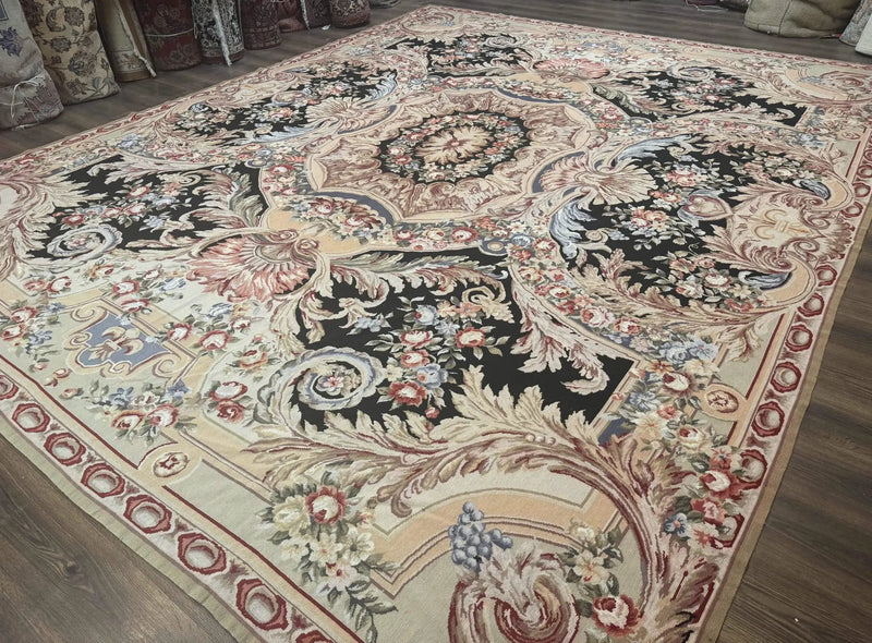 Wonderful Needlepoint Rug 10x14, Large Aubusson Carpet, Floral, Elegant, European Design by Jewel Rugs