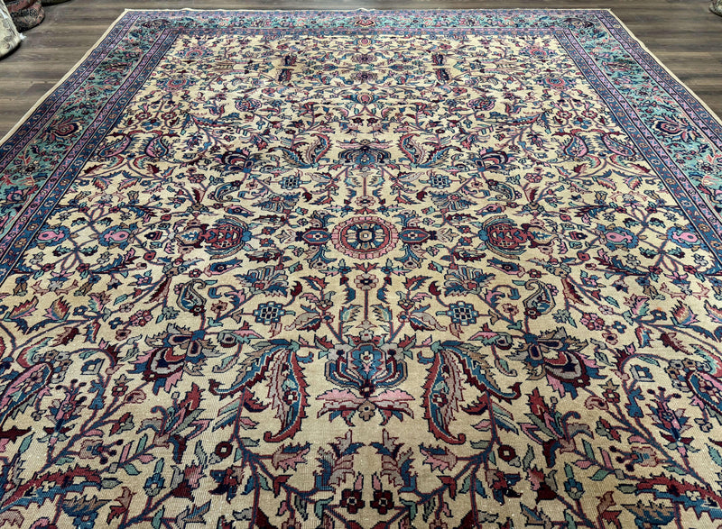 Antique Persian Rug 10x15, Camel and Cyan, Allover Pattern, Rare, Samarkand Rug by Jewel Rugs