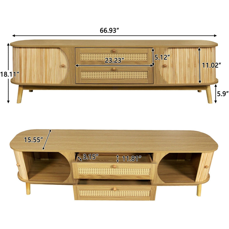 Rattan TV Stand For Tvs Up To 75'', Modern Farmhouse Media Console, Entertainment Center With Legs, TV Cabinet For Living Room, Home Theatre - Natural Wood by HouseOfZazla