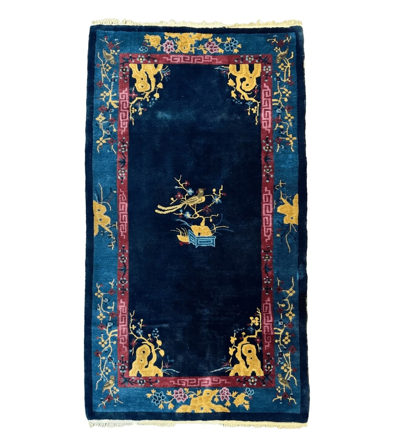 Antique Chinese Peking Rug 3x6, Dark Blue, Bird Motif, Handmade Wool Art Deco Asian Oriental Carpet, Pair B by Jewel Rugs