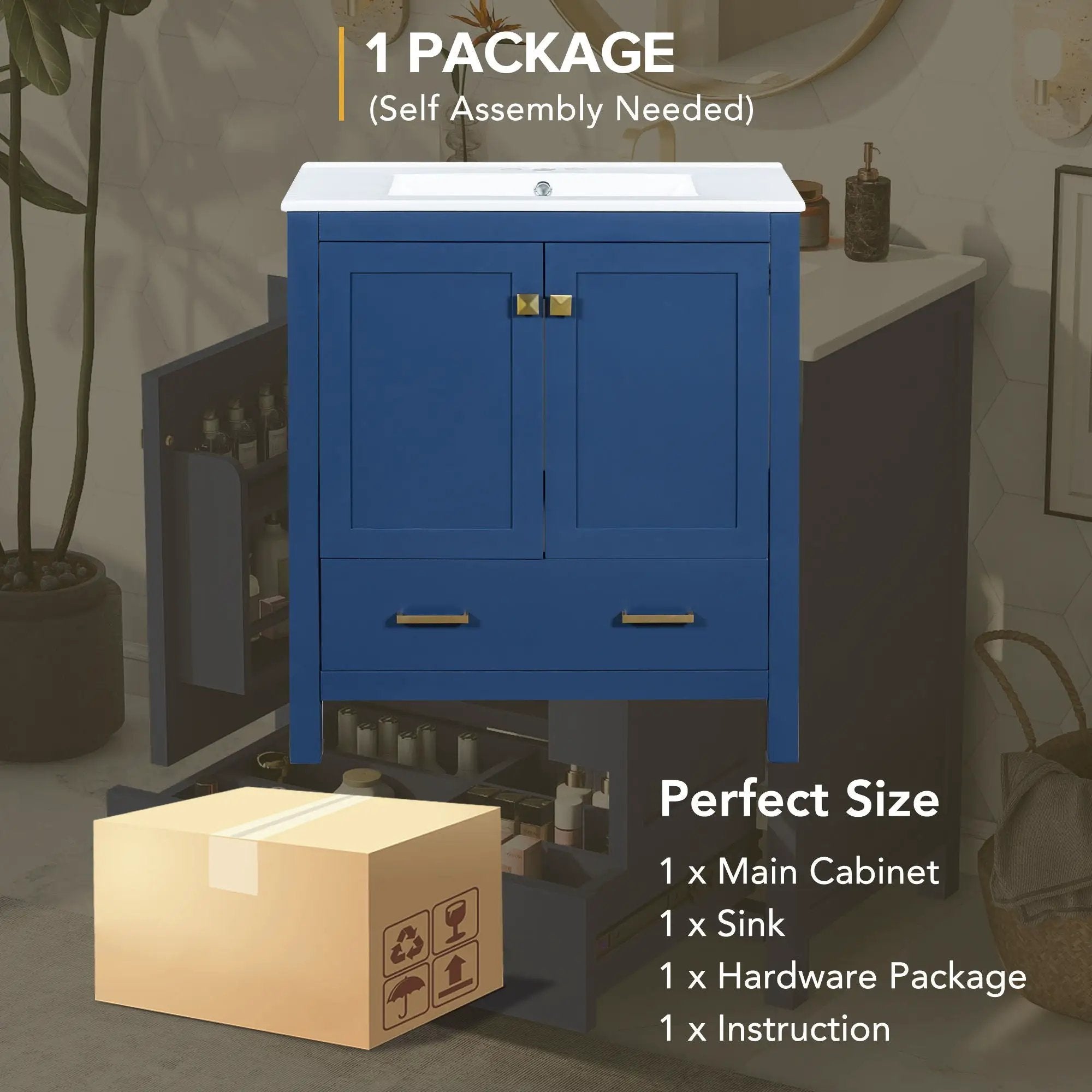 Bathroom Vanity With Single Sink, Combo Cabinet Undermount Sink, Bathroom Storage Cabinet With Two Doors And A Drawer, Soft Closing, Multifunctional Storage, Solid Wood Frame by HouseOfZazla