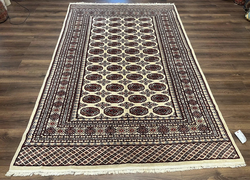 Pakistani Turkoman Rug 6x9, Cream and Red Hand Knotted Wool Oriental Carpet, Yamud Rug, Tribal Rug 6 x 9, Bohemian Area Rug, Bokhara Rug by Jewel Rugs