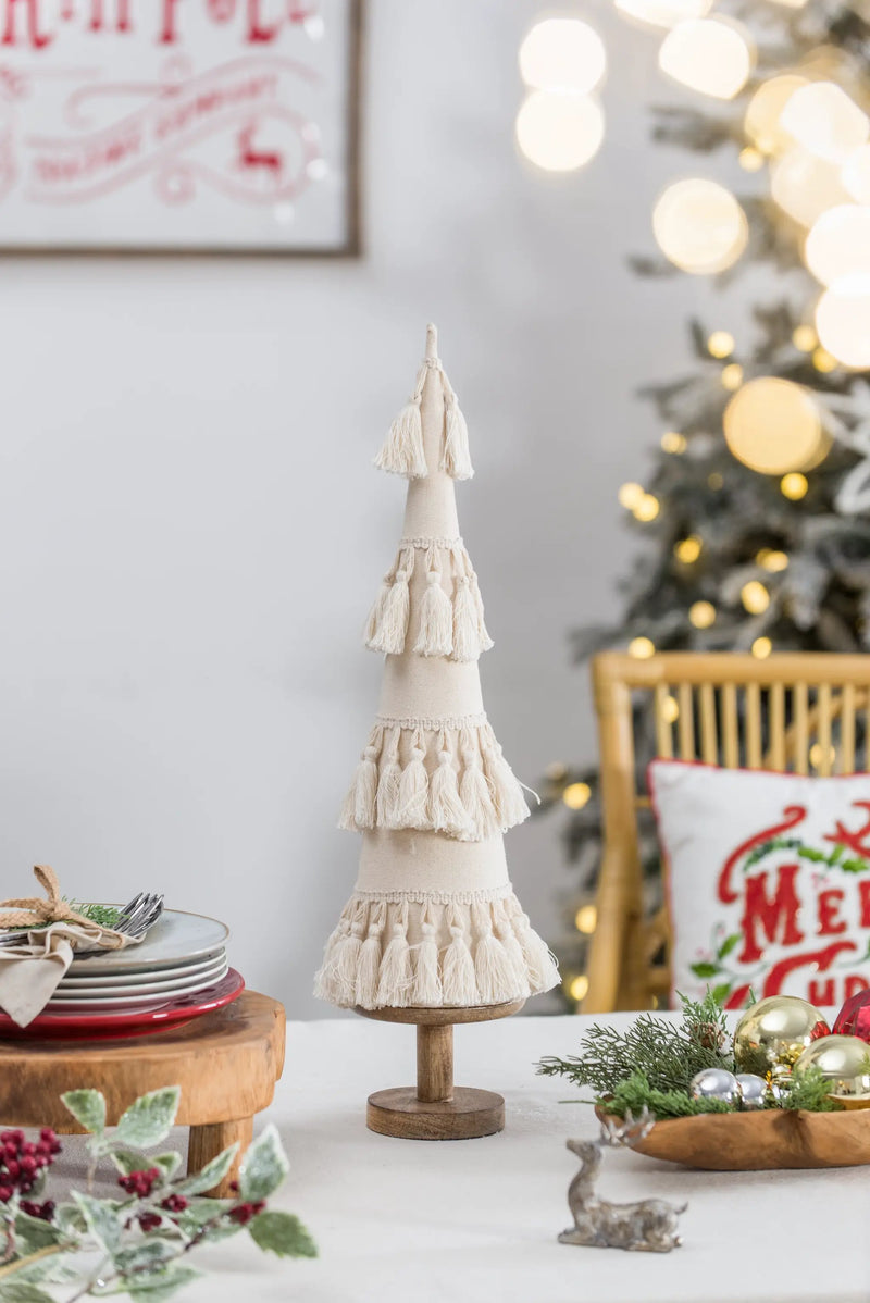 Fringes Embellished Cone With Wooden Base by HouseOfZazla