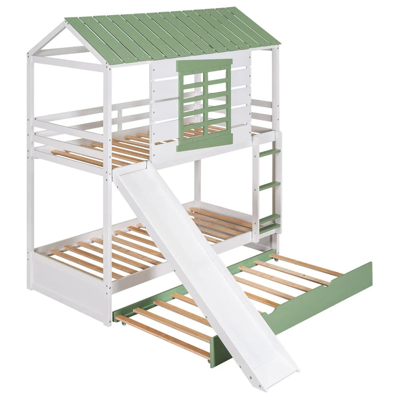 Twin Over Twin House Bunk Bed With Convertible Slide And Trundle - White by Unique Piece Furniture