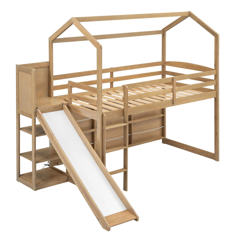 House Loft Bed With Slide, Storage Shelves And Light, Climbing Ramp by Unique Piece Furniture