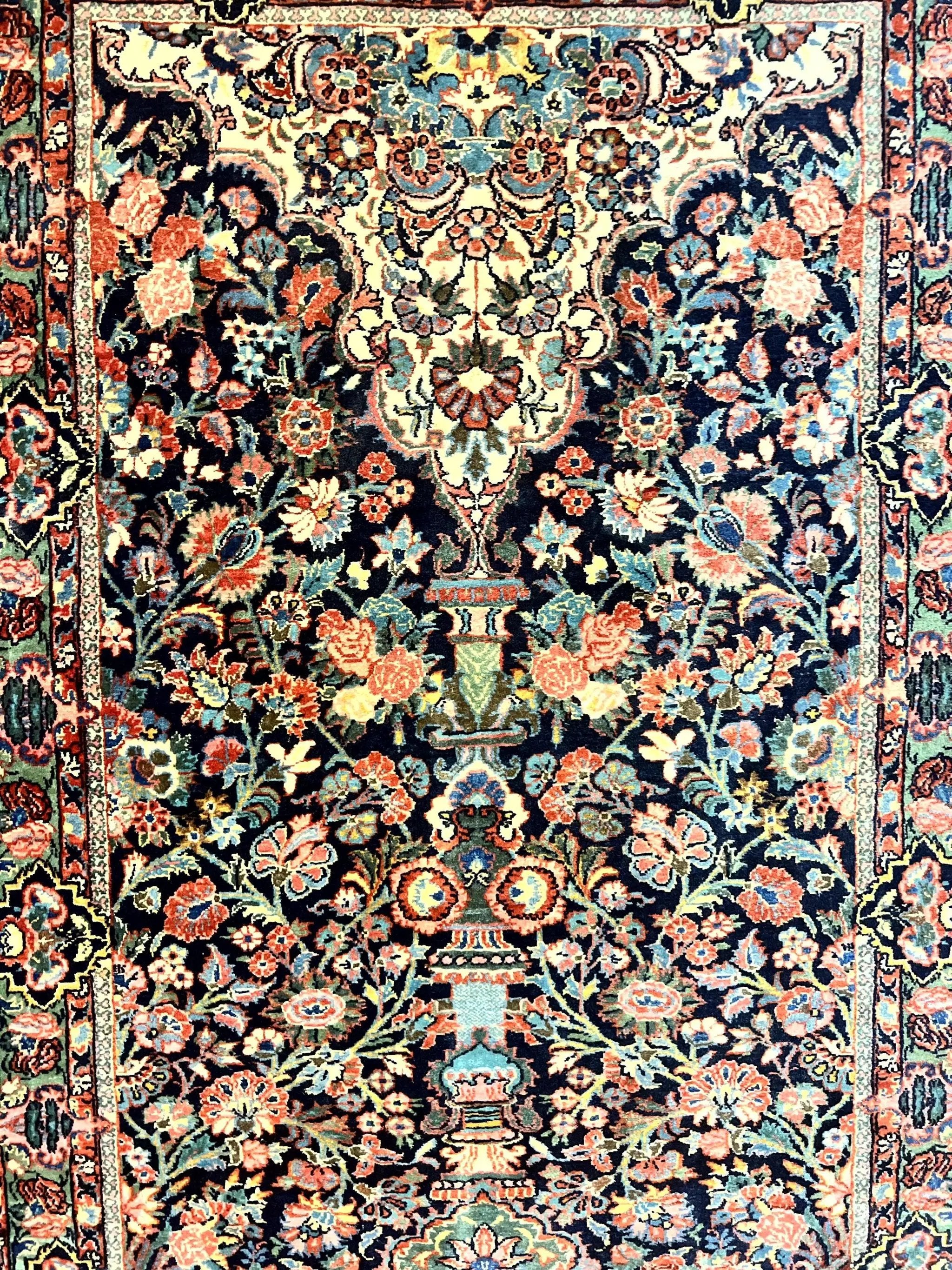 Persian Saoruk Rug 4x5, Navy Blue and Red, Floral, Antique Persian Wool Carpet, Handmade by Jewel Rugs