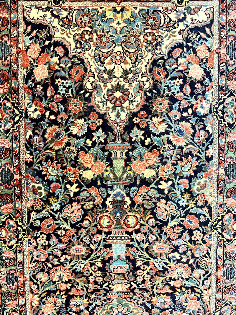 Persian Saoruk Rug 4x5, Navy Blue and Red, Floral, Antique Persian Wool Carpet, Handmade by Jewel Rugs
