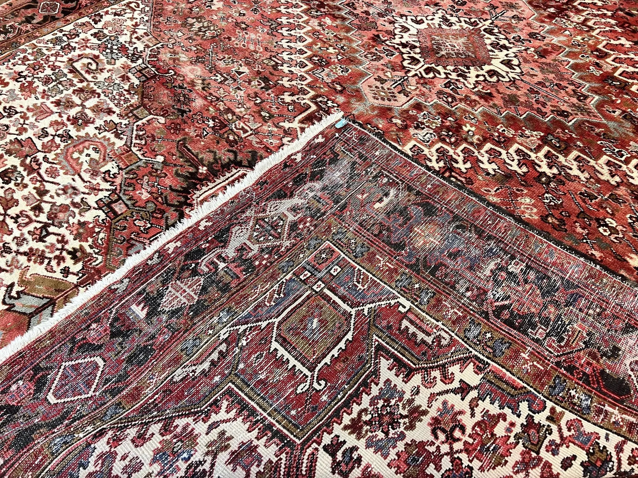 Large Persian Heriz Rug 10x13, Red and Cream Geometric Tribal Room Sized Handmade Wool Hand Knotted Semi Antique Decorative Oriental Carpet by Jewel Rugs