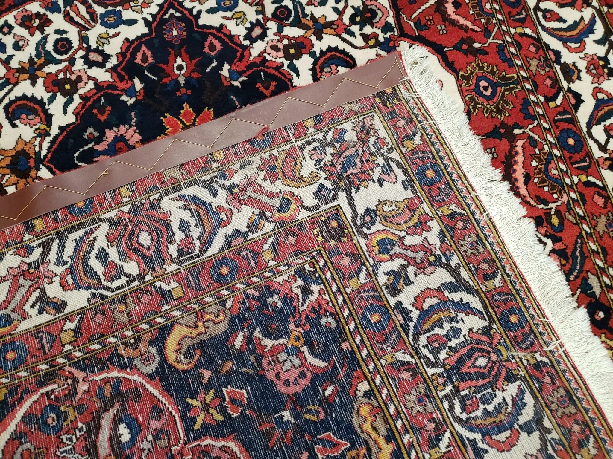 Semi Antique Persian Bakhtiari Rug, Hand-Knotted, Wool, Red, Midnight Blue, Ivory, Floral Medallion, 5'1" x 8' 6" by Jewel Rugs