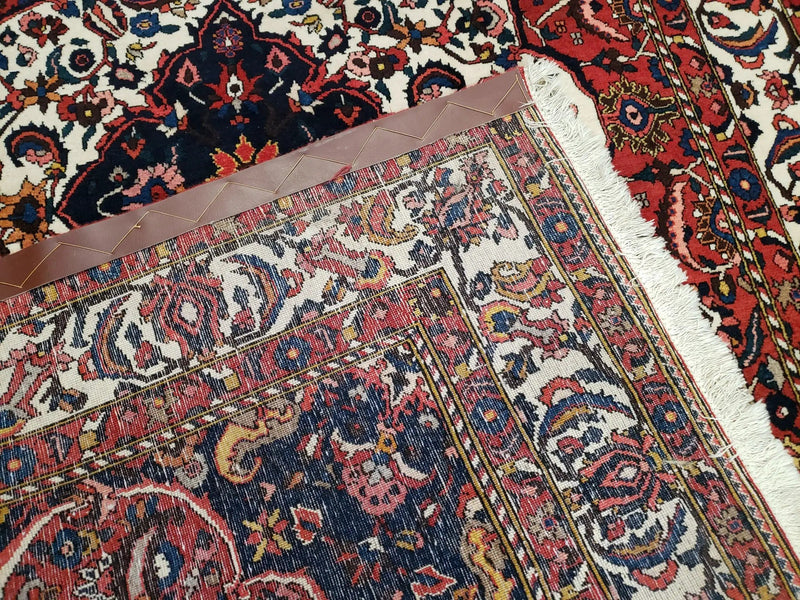 Semi Antique Persian Bakhtiari Rug, Hand-Knotted, Wool, Red, Midnight Blue, Ivory, Floral Medallion, 5'1" x 8' 6" by Jewel Rugs