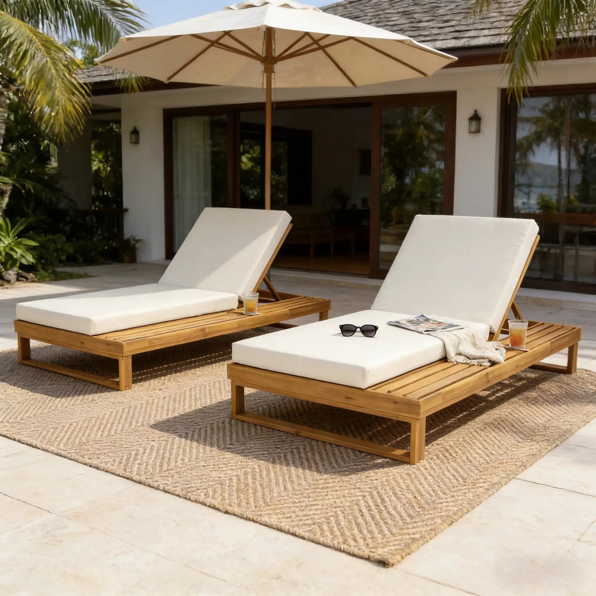Teak Finish Acacia Wood Chaise Lounge with 4-Inch Cushion by HouseOfZazla
