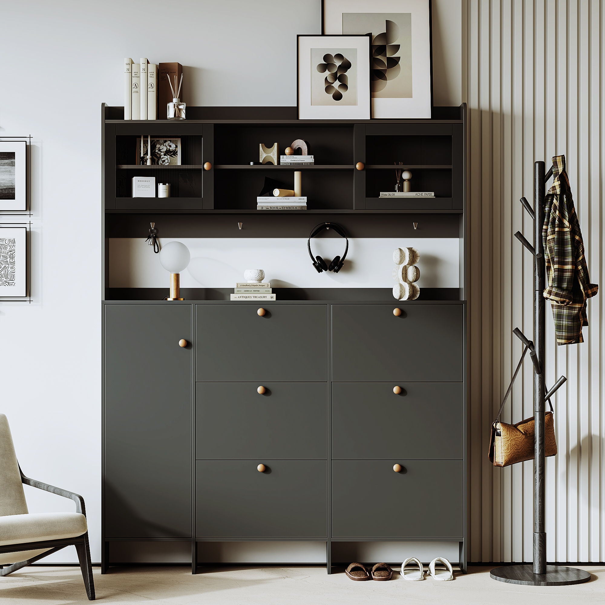 On Trend Multifunctional Tipping Bucket Shoe Cabinet With Storage Shelf & 6 Flip Drawers by Unique Piece Furniture