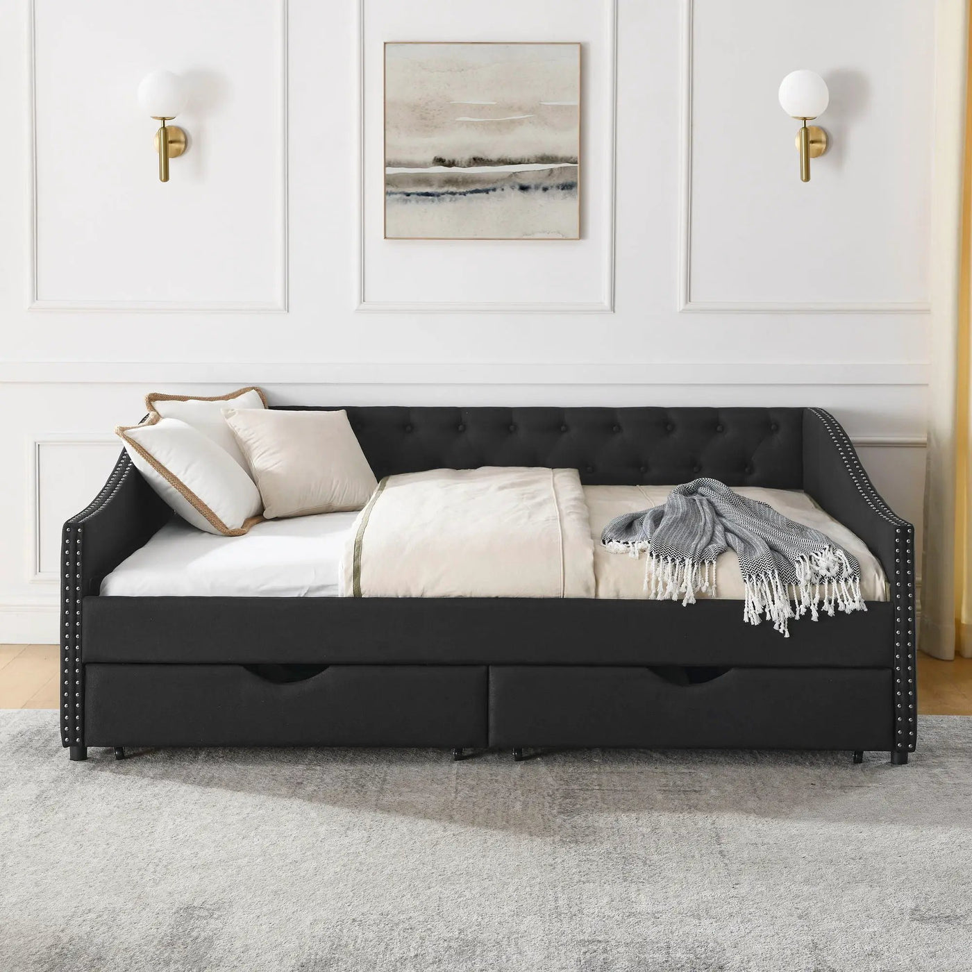 Upholstered Tufted Daybed With 2 Drawers, Waved Arms by HouseOfZazla
