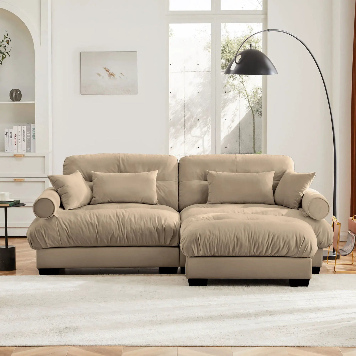 Modern Sectional Sofa With Ottoman, Round Bolster Armrests, Waist And Throw Pillows by Unique Piece Furniture