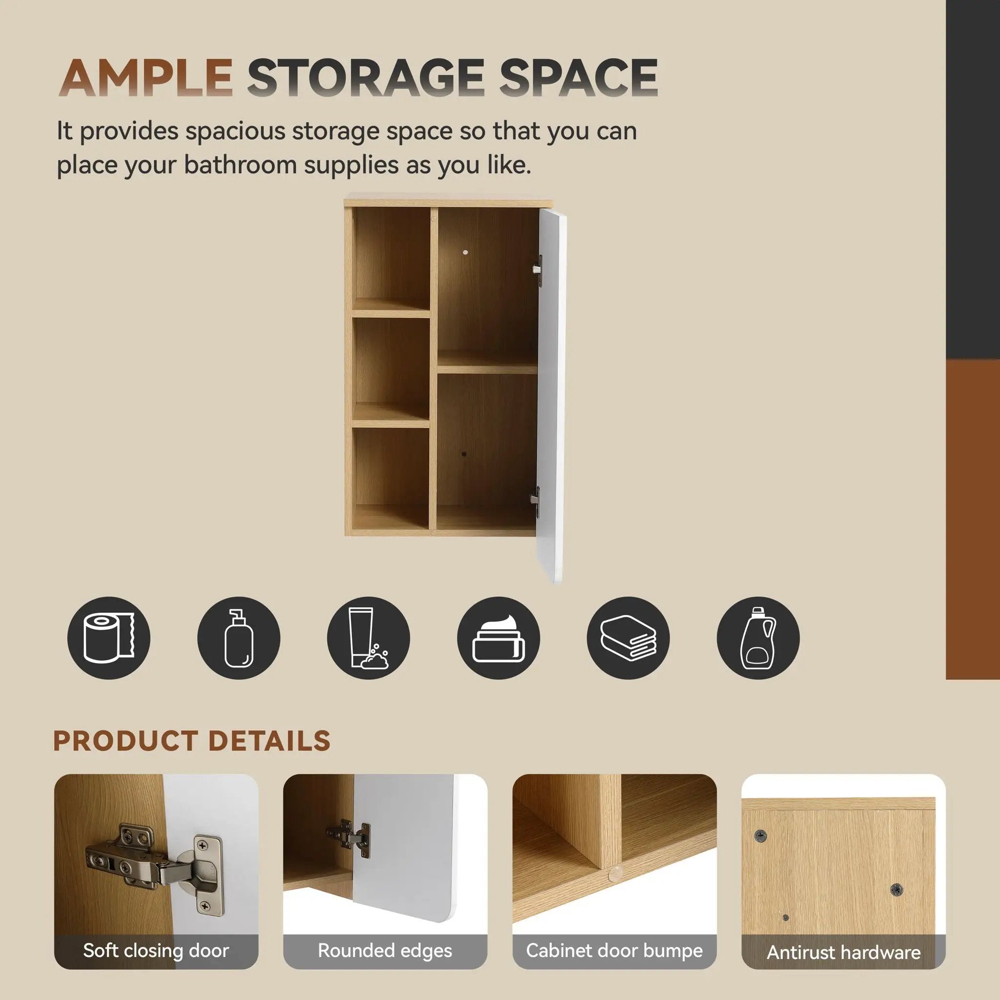 Wall Mounted Bathroom Side Cabinet, Single Door With 3 Tier Open Shelves - Black / Light Oak / White by HouseOfZazla
