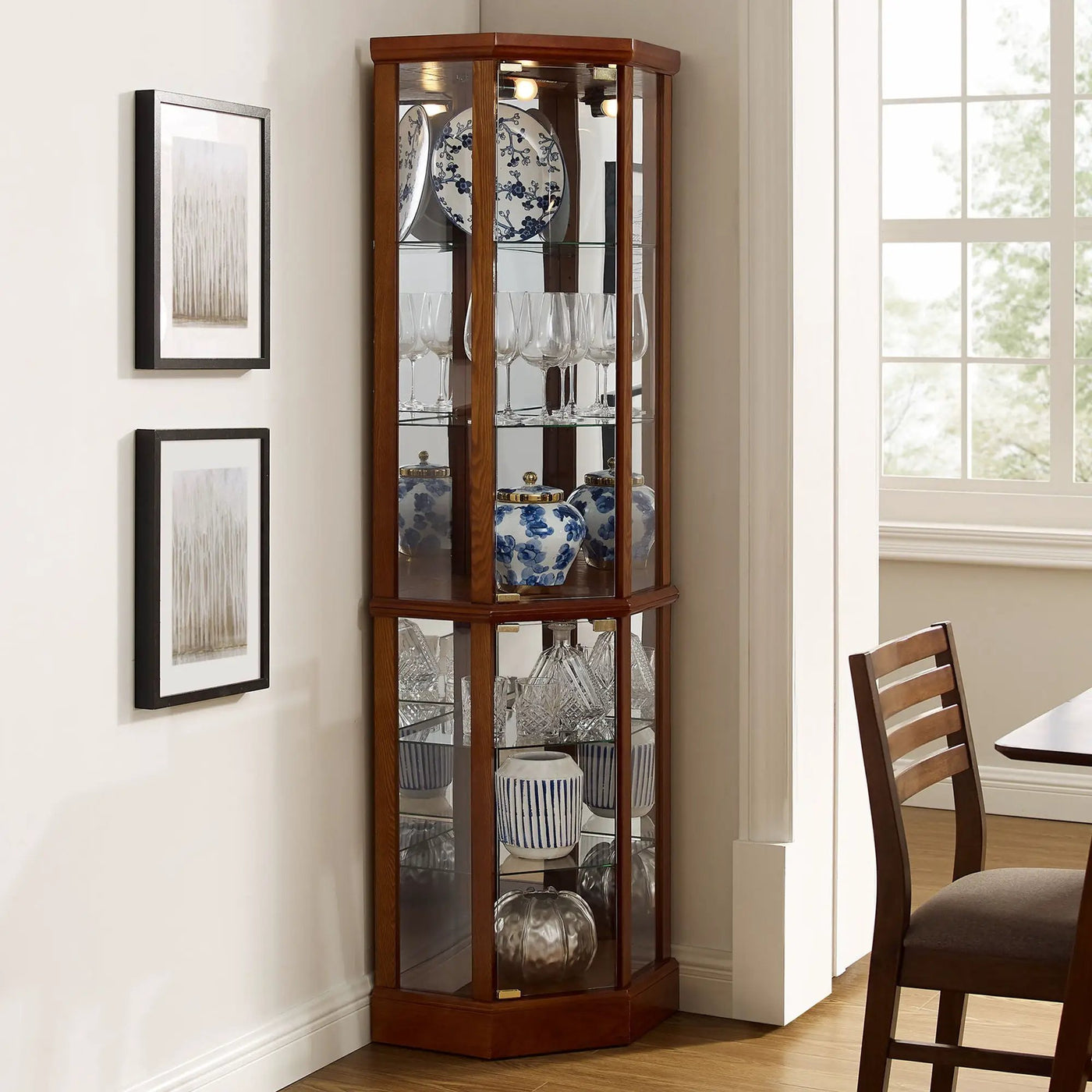 6 Shelf Lighted Corner Curio Cabinet With Adjustable Tempered Glass Shelves And Mirror Back (E26 Light Bulb Not Included) by HouseOfZazla