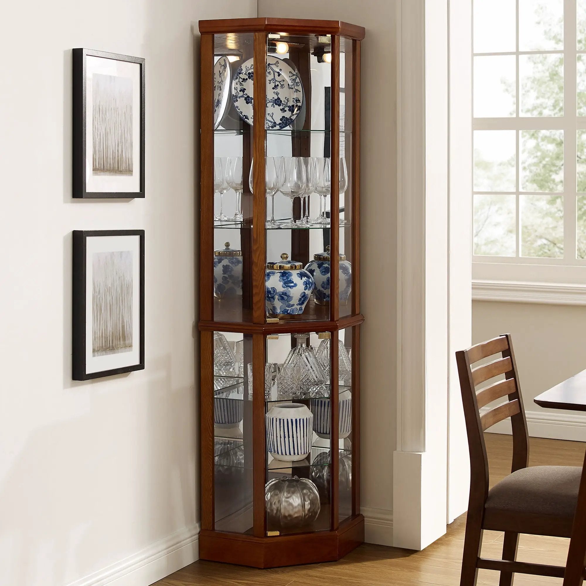 6 Shelf Lighted Corner Curio Cabinet With Adjustable Tempered Glass Shelves And Mirror Back (E26 Light Bulb Not Included) by HouseOfZazla