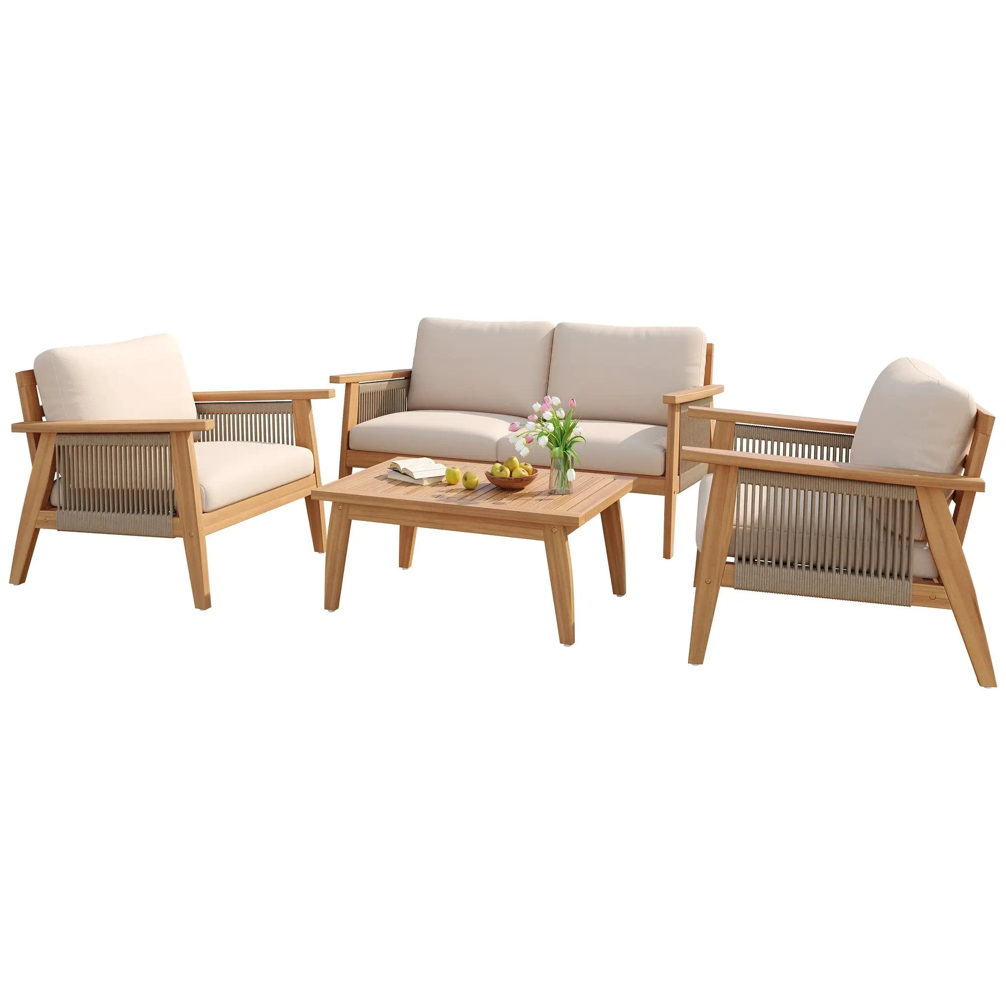 Outdoor 4pc Acacia Wood and Rope Sectional Patio Sofa Set by HouseOfZazla