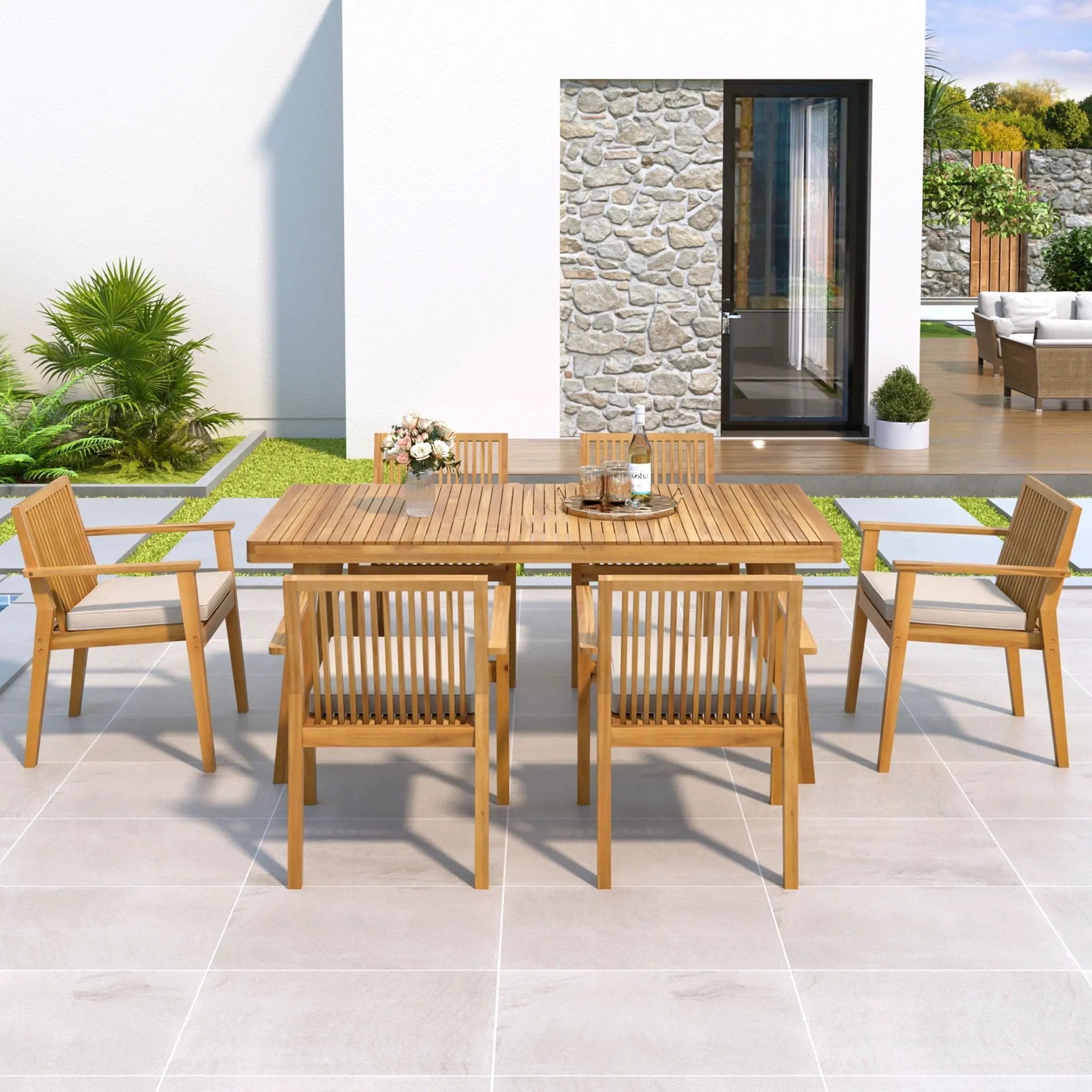7 Piece Patio Furniture Set Acacia Wood Table And 6 Cushioned Chairs by HouseOfZazla